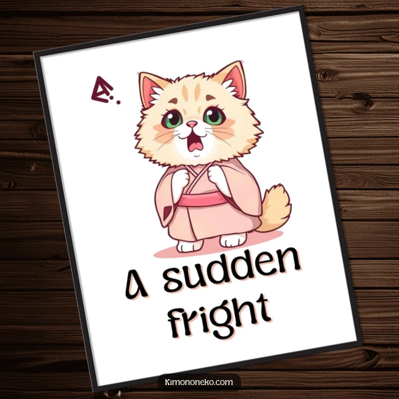 Funny Kawaii Persian Cat Poster: A startled Persian cat in an elegant kimono reacts to a sudden sound, its eyes wide in a humorous display.