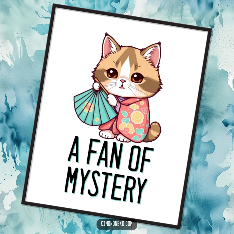 Funny Kawaii Scottish Fold cat peeking from behind a fan, colorful kimono, cute anime poster, gift.