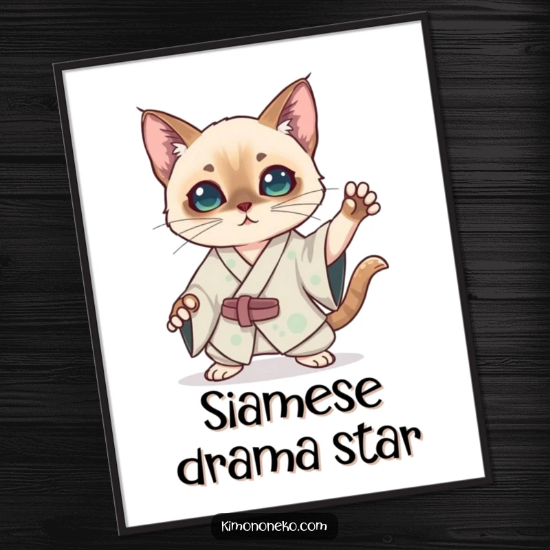 Funny kawaii Siamese cat in a silk kimono practicing a dramatic pose on a poster, a humorous and theatrical anime artwork.