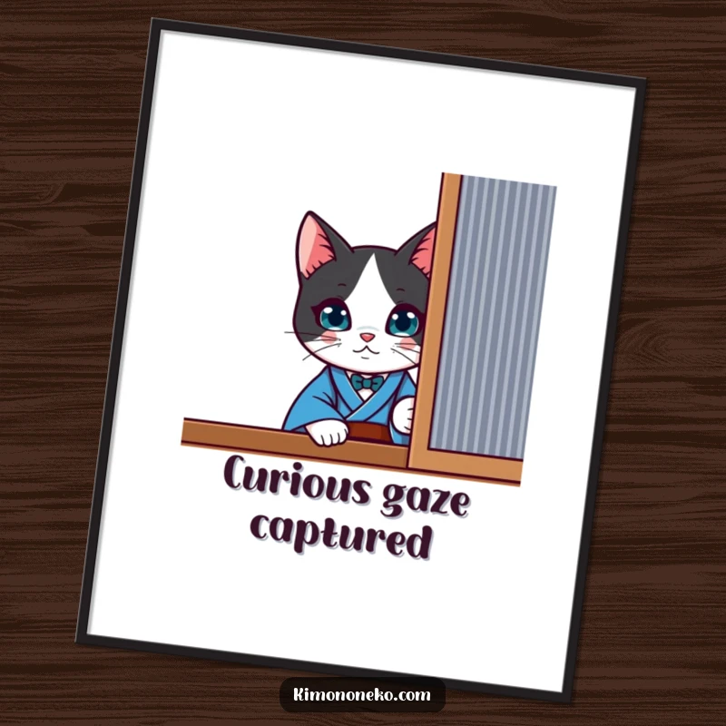 Funny curious kawaii tuxedo cat in a blue kimono, peeking from behind a screen, as a mysterious art poster.