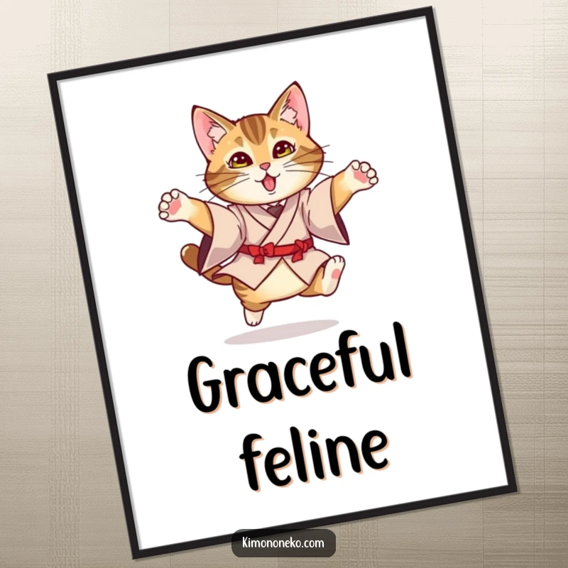Funny Kimono Cat Poster: A tabby cat gracefully leaping in a formal kimono, a humorous and artistic wall decor piece.