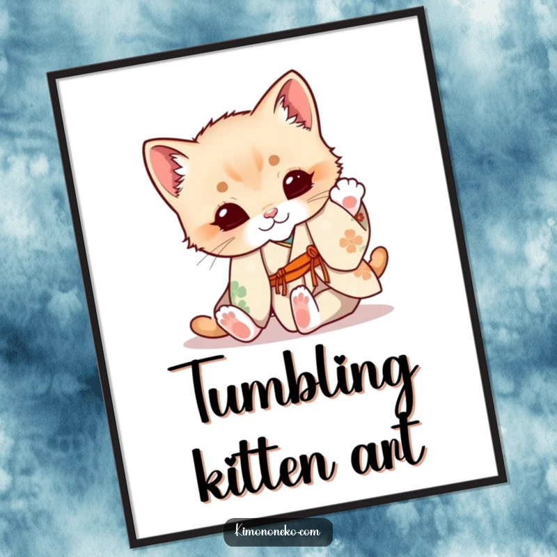 Funny Kitten Poster: A cute kitten in a floral kimono hilariously tumbles, creating a dynamic and joyful piece of art.