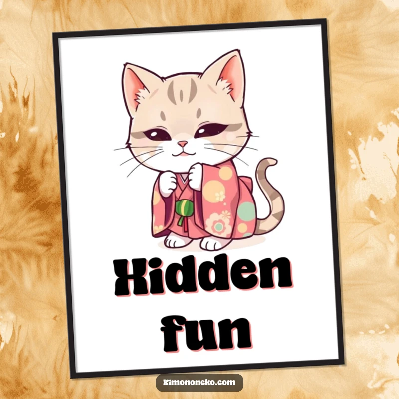 Funny poster print of a mischievous cat wearing a bright kimono, hiding playfully.