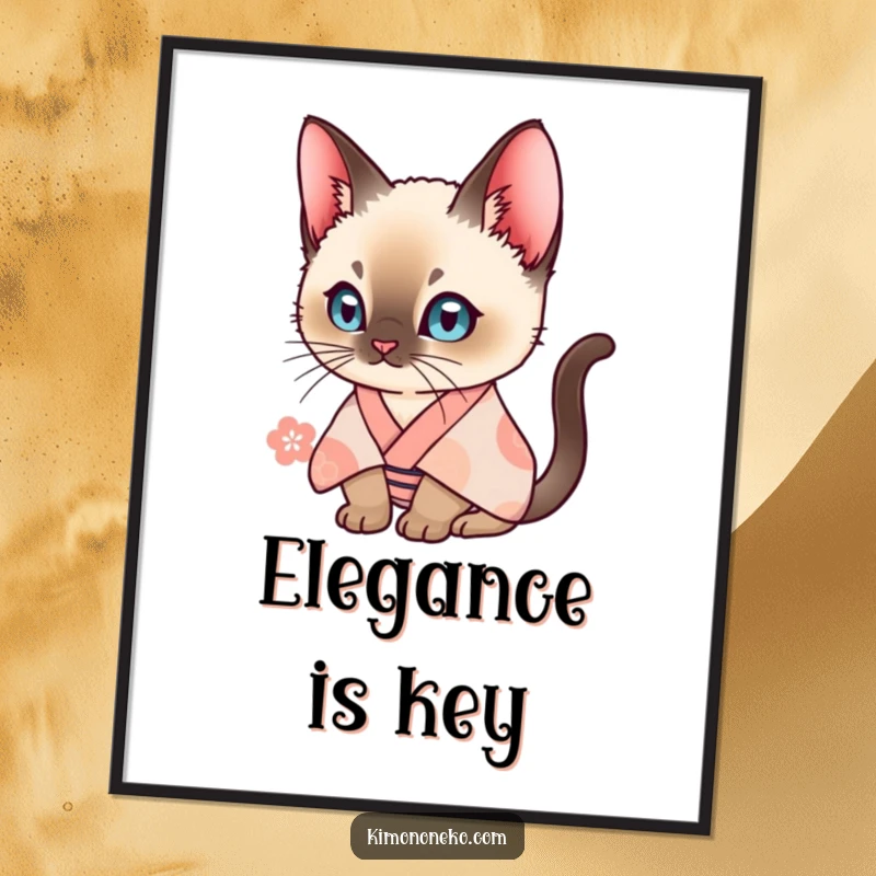 Funny Siamese cat in a patterned kimono, with a curious expression. A humorous wall art print for cat enthusiasts.