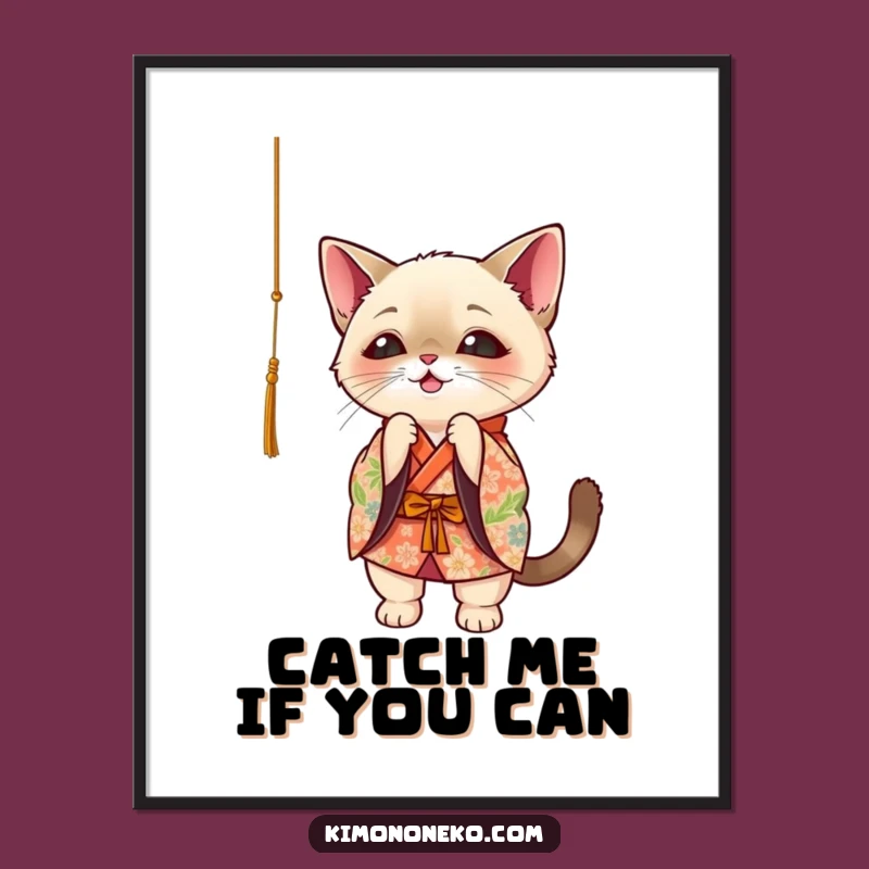 Funny Siamese Cat Kimono Poster: Playful Kawaii Oriental Cat Batting String Wall Art