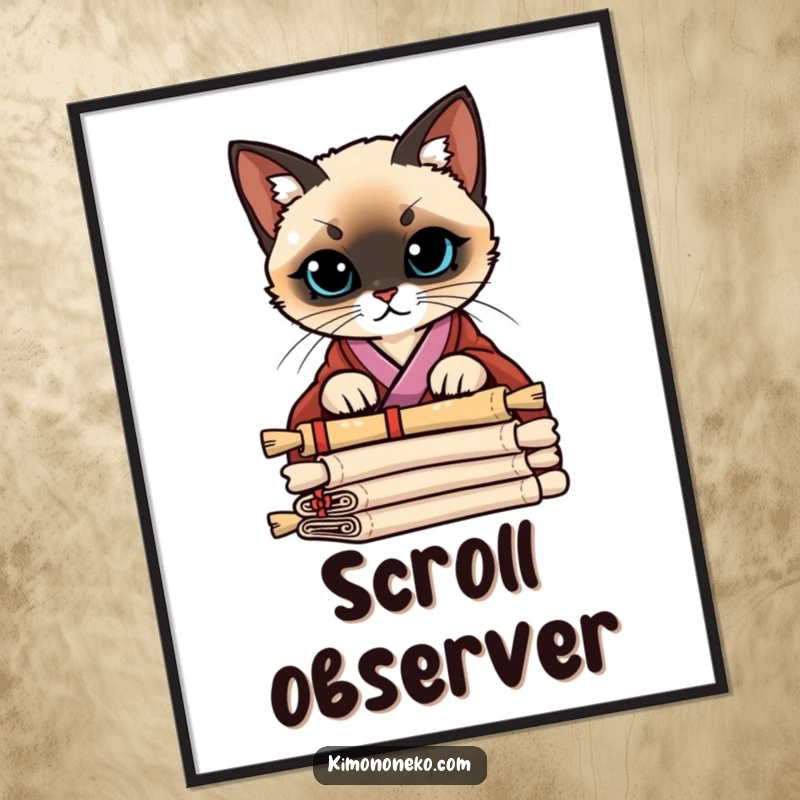 Funny Siamese Cat Kimono Poster: A Siamese cat in a stylish kimono peering curiously over a stack of ancient scrolls, intriguing wall art.