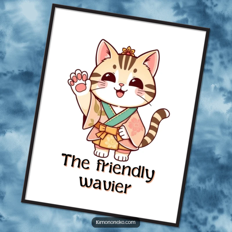 Funny striped cat in a festive kimono waving its paw, presented as a cheerful poster.