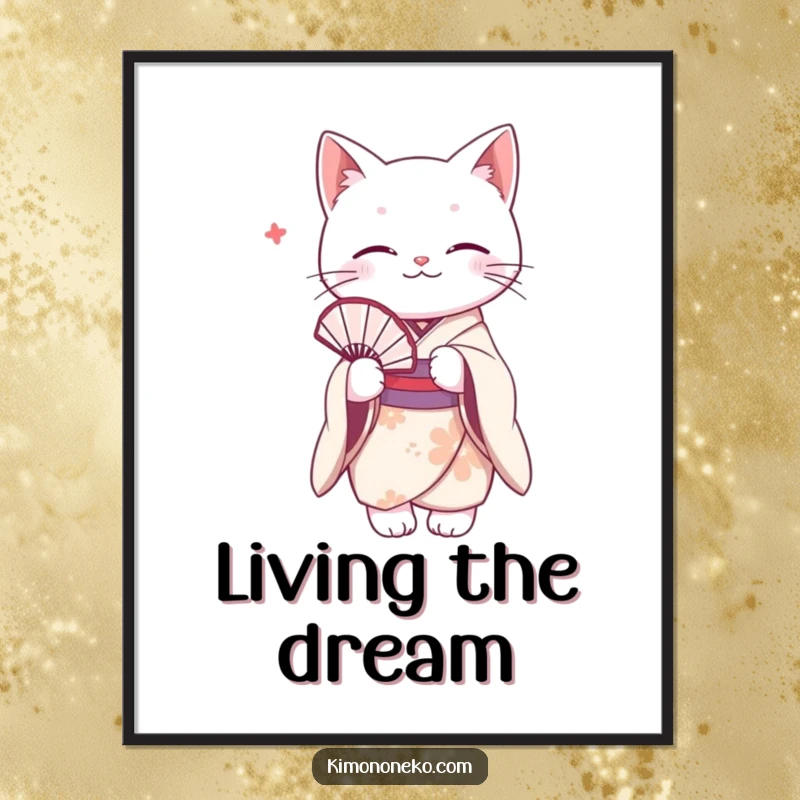 Funny white cat in a delicate kimono, holding a fan. Elegant and humorous wall art print.