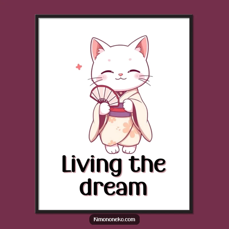 Funny White Cat Kimono Poster: Elegant Fan Art, Humorous Wall Decor Gift