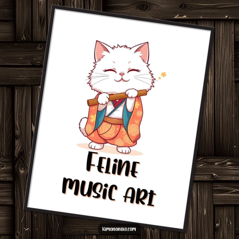 Funny White Cat Poster: A fluffy white cat in a vibrant kimono comically mimics playing a flute, creating a whimsical scene.