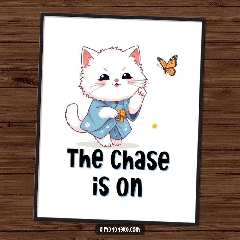 Funny fluffy white kawaii cat in a blue kimono playfully chasing a butterfly, elegant wall art conveying innocence and visual delight.