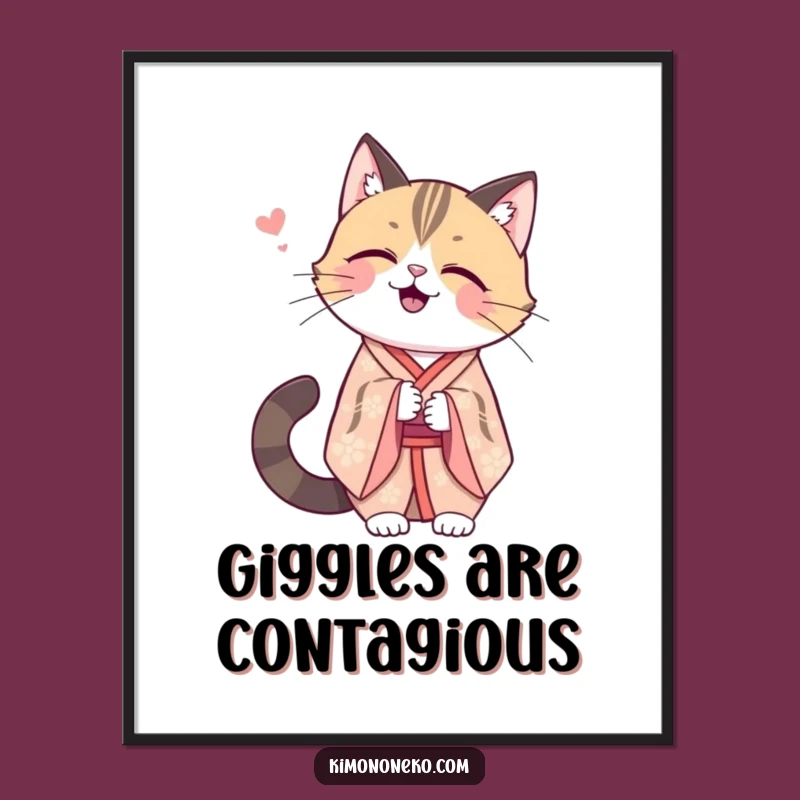 Funny Kawaii Cat Kimono Poster: Secret Joy, Elegant Wall Art Funny Gift