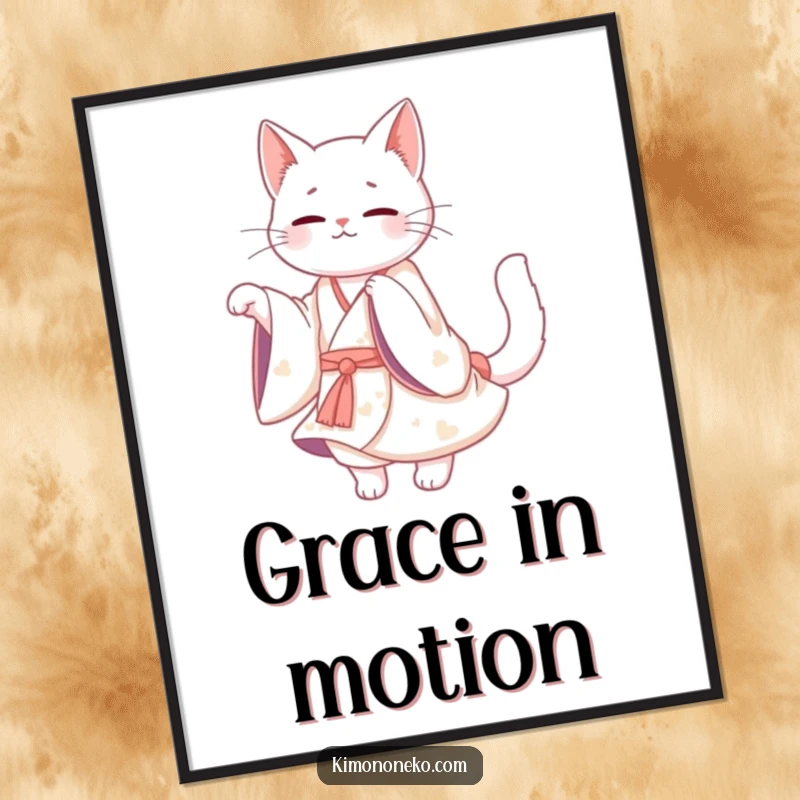 Funny White Cat Kimono Poster: A Kawaii white cat in a flowing kimono twirling gracefully, humorous and elegant wall art.