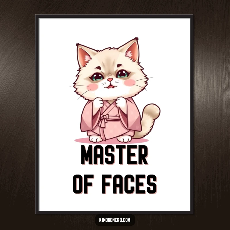 Funny Kawaii Ragdoll cat in soft kimono practicing a funny expression, cute anime poster, gift.