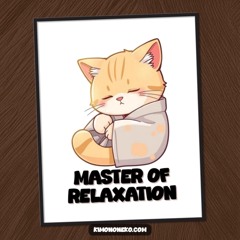 Funny poster print of a sleepy cat in a kimono enjoying a sunbeam nap, perfect for adding zen and humor to any room.