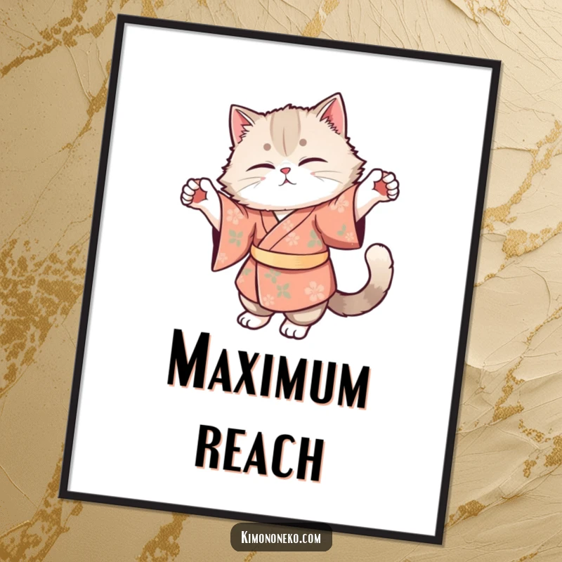 Funny poster art of a fluffy cat in a floral kimono in a graceful stretch, adding serene humor to any room.