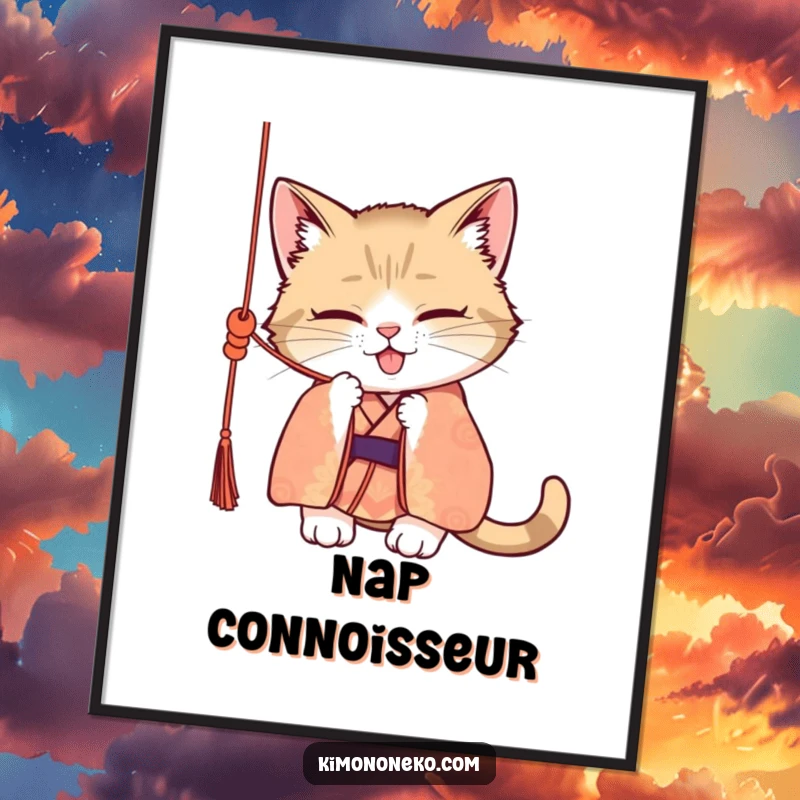 Funny poster print of a mischievous cat garbed in a patterned kimono, batting with glee at a dangling silk cord, radiating playful naughtiness.