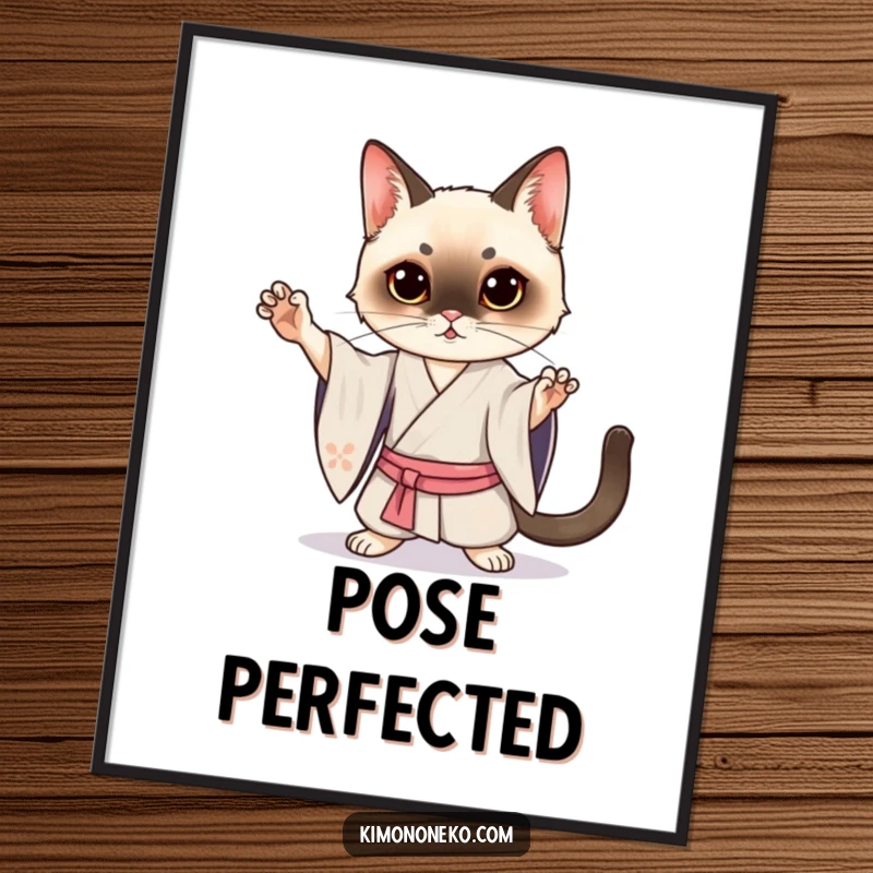 Funny Siamese Cat Kimono Poster: A striking Kawaii Siamese cat in a silk kimono striking a dramatic pose, adding humorous art.