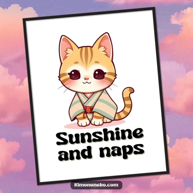 Funny Kawaii Tabby Cat Poster: A tabby cat in a striped kimono relaxes in the sun, its peaceful expression full of humorous contentment.