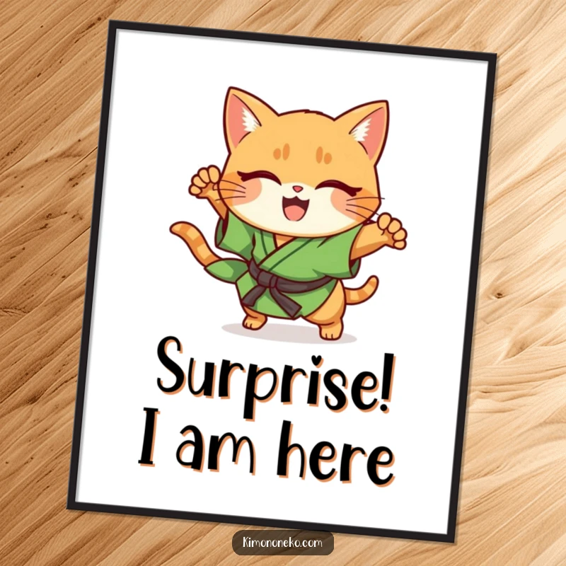 Funny ginger cat in green kimono, performing a sudden pounce, kawaii style poster.