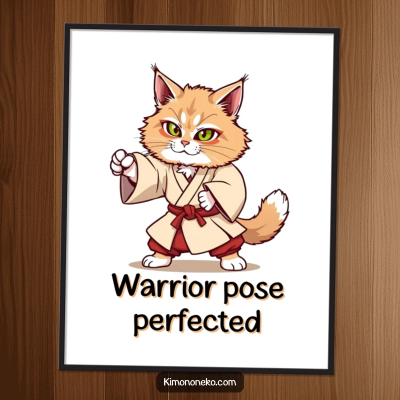 Funny Kawaii Maine Coon cat in sturdy kimono attempting a martial arts move, strong anime poster, gift.
