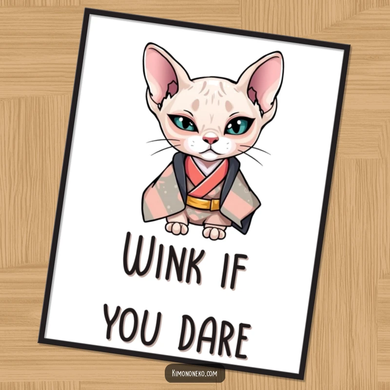 Funny Kawaii Sphynx cat in cool kimono giving a wink, stylish anime poster, wall art, gift.