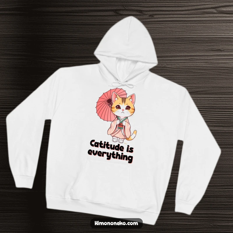 Funny Calico Cat Hoodie showcasing a sophisticated cat in a kimono, holding a parasol. Ultimate comfort meets cute and funny design.