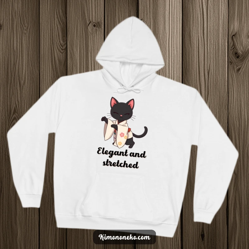 Funny hoodie featuring a sleek kawaii black cat in a traditional kimono, stretching with elegant grace, perfect for cozy elegance.