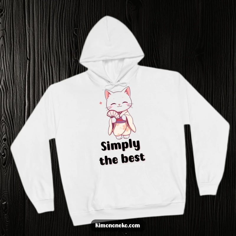 Funny white cat in a delicate kimono, holding a fan. This cozy hoodie is a humorous gift for elegant cat lovers.