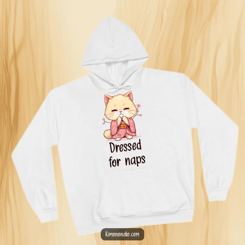 Funny bowing cat kimono hoodie, showcasing a fluffy feline in traditional attire, offering warmth and a sense of gentle, cultured relaxation.