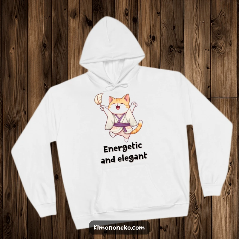 Funny hoodie featuring a joyful cat in a kimono, captured mid-leap while playfully chasing a floating feather, offering cozy and humorous warmth.