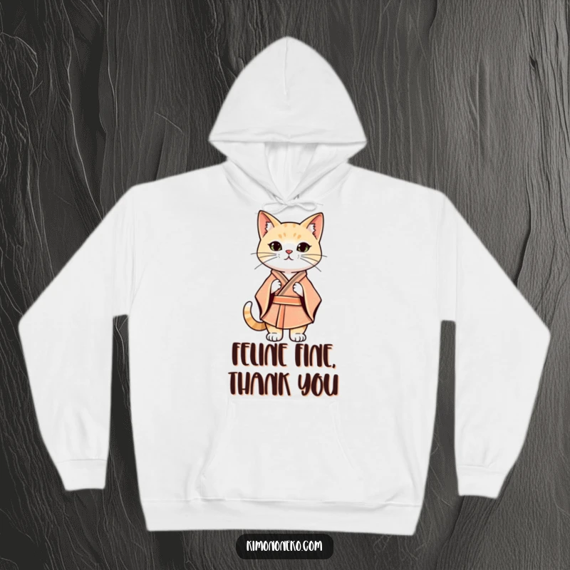 Funny Kawaii cat wearing a stylized kimono striking a confident stance, warm hooded sweatshirt, fashionable design.