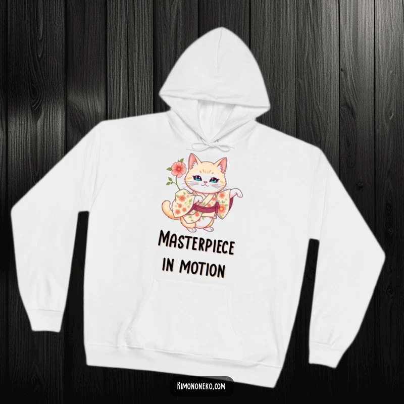 Funny hoodie design of an artistic cat in a floral kimono performing a majestic stretch.