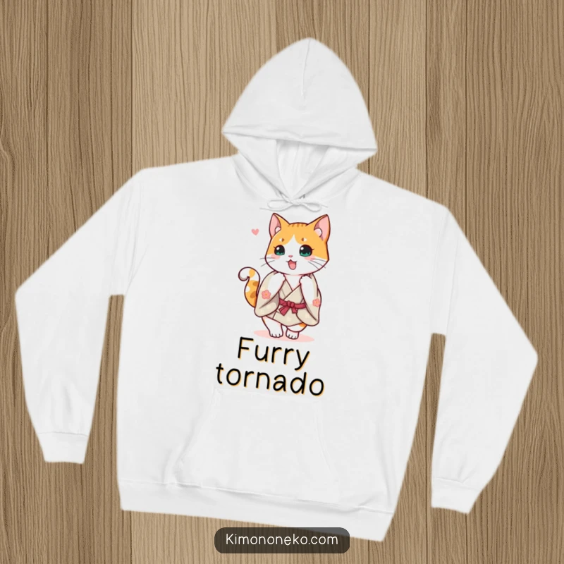 Funny Calico Cat Kimono Hoodie: A cheerful calico cat in a kimono doing a happy spin with its tail up, soft and cuddly.