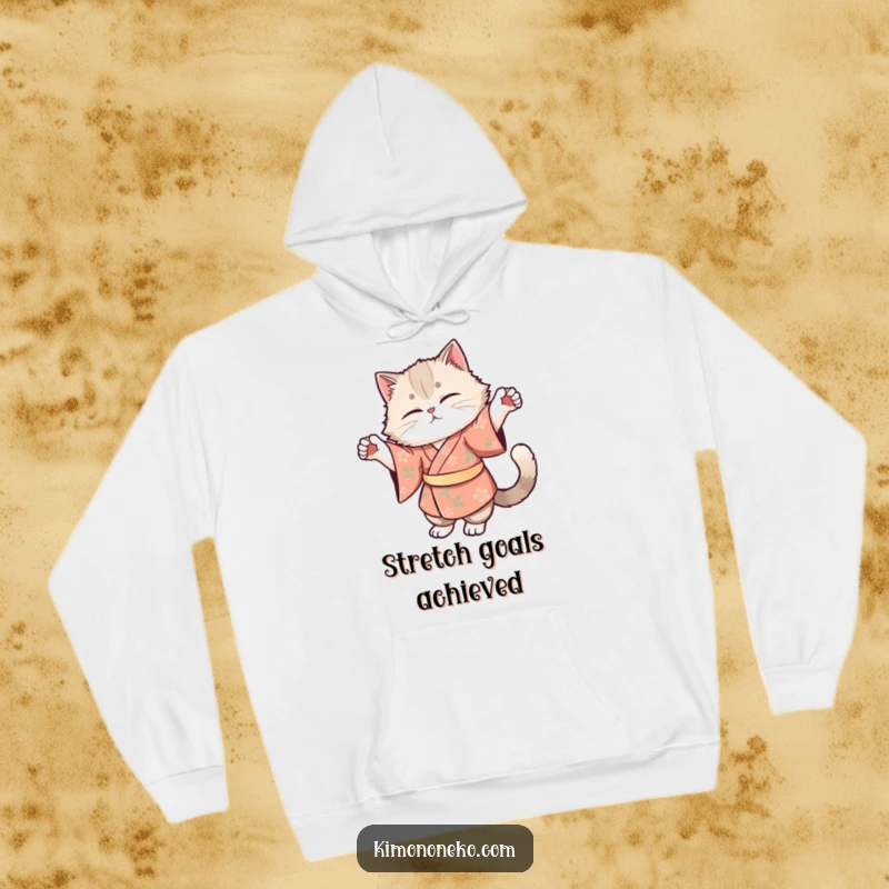 Funny hoodie showing a fluffy cat in a floral kimono performing a graceful stretch, offering cozy humor and relaxation.