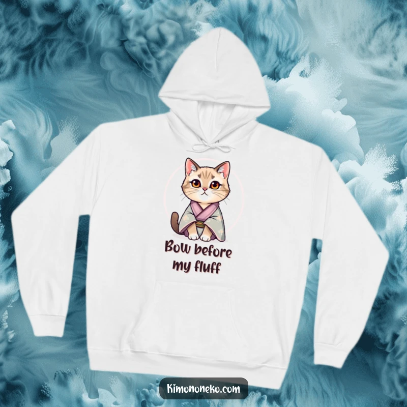 Funny hoodie showcasing a regal cat in a detailed silk kimono sitting with proud, amusing poise.