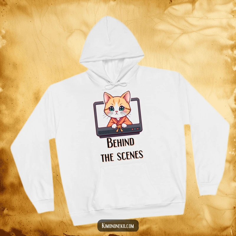 Funny curious cat in a vibrant kimono peeking from behind screens, printed on a soft and warm hoodie.