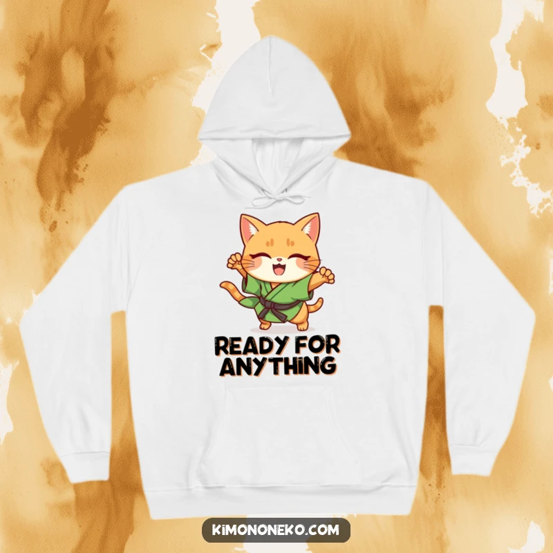 Funny ginger cat in green kimono, performing a sudden pounce, kawaii style, cozy hoodie.