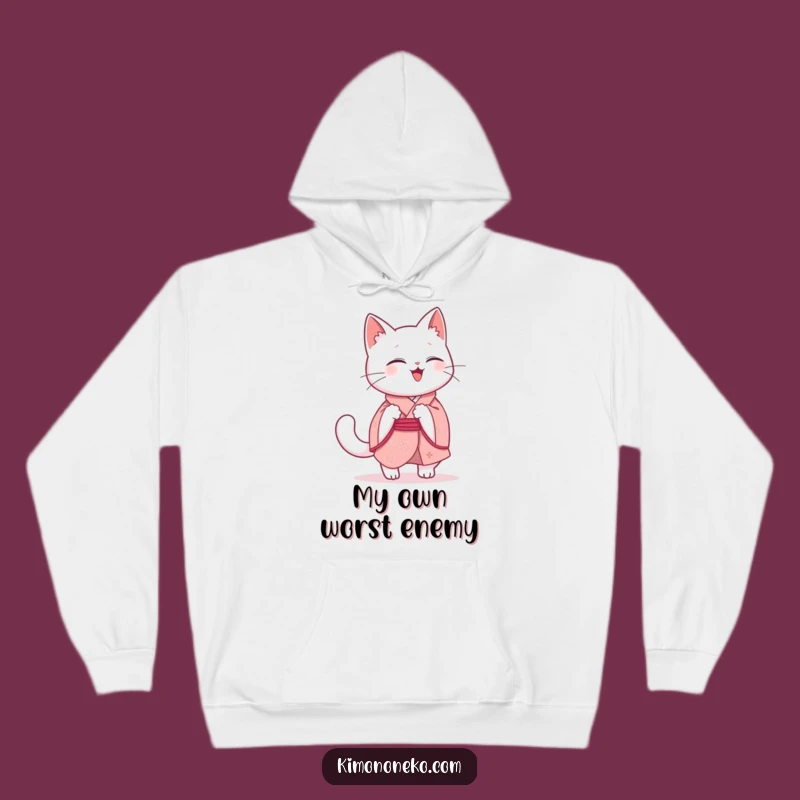 Funny Kawaii Cat Hoodie: Cozy Giggling White Kitty in Pink Kimono