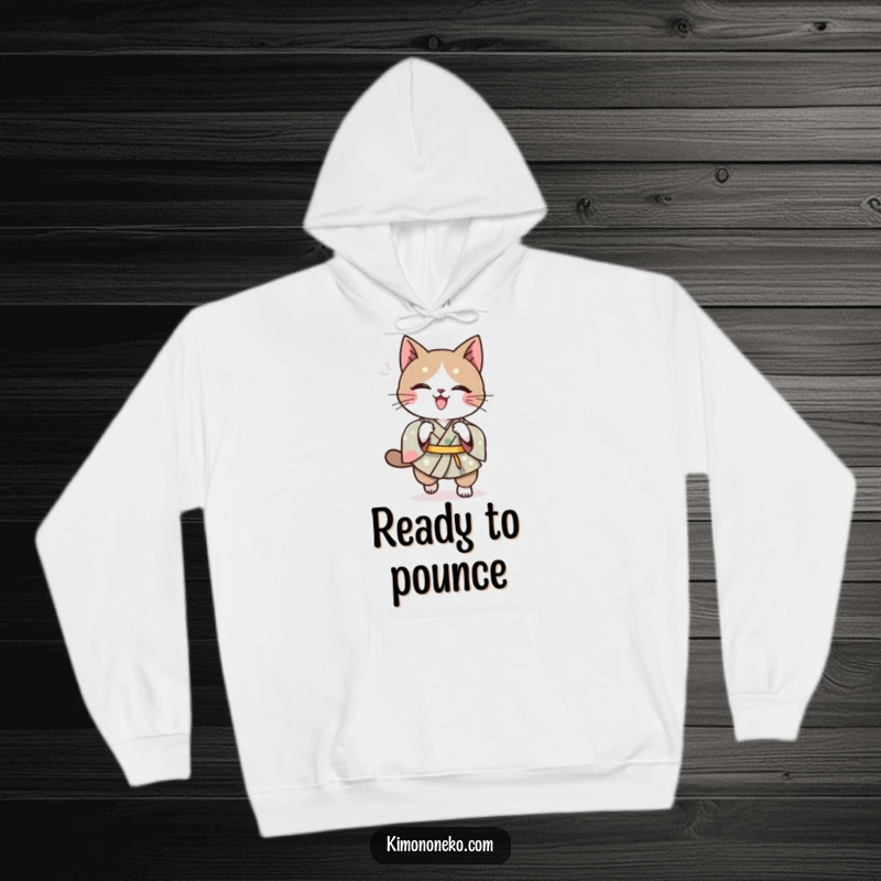 Funny Kawaii cat in a kimono, captured in a playful pounce, a cozy and funny hoodie.