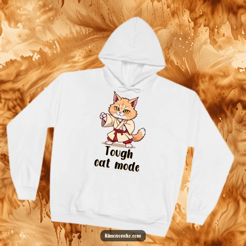 Funny Kawaii Maine Coon cat in sturdy kimono attempting martial arts move, strong anime hoodie, gift idea.