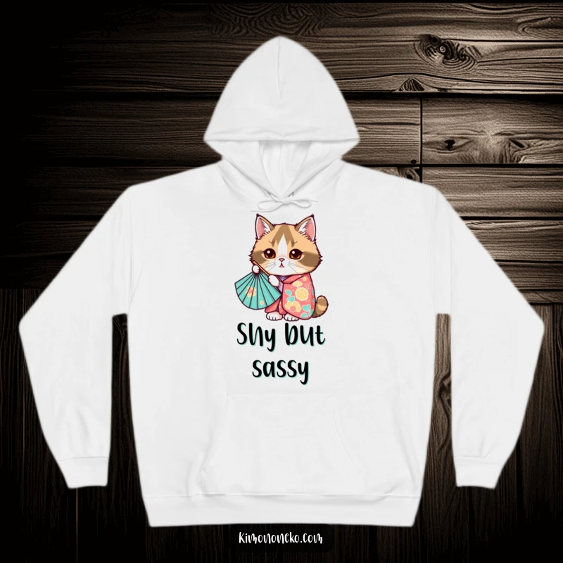 Funny Kawaii Scottish Fold cat in colorful kimono peeking behind fan, cute anime hoodie, gift idea.