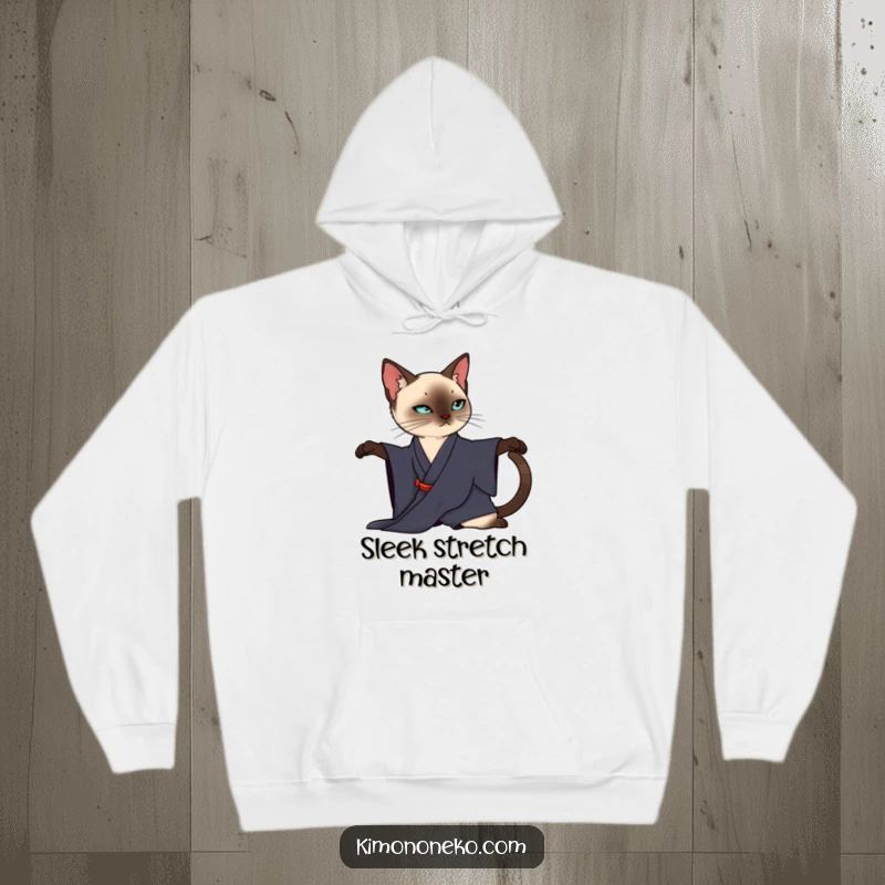 Funny Siamese Cat Hoodie: A sleek Siamese cat in a dark kimono elegantly stretches, providing cozy and stylish comfort.
