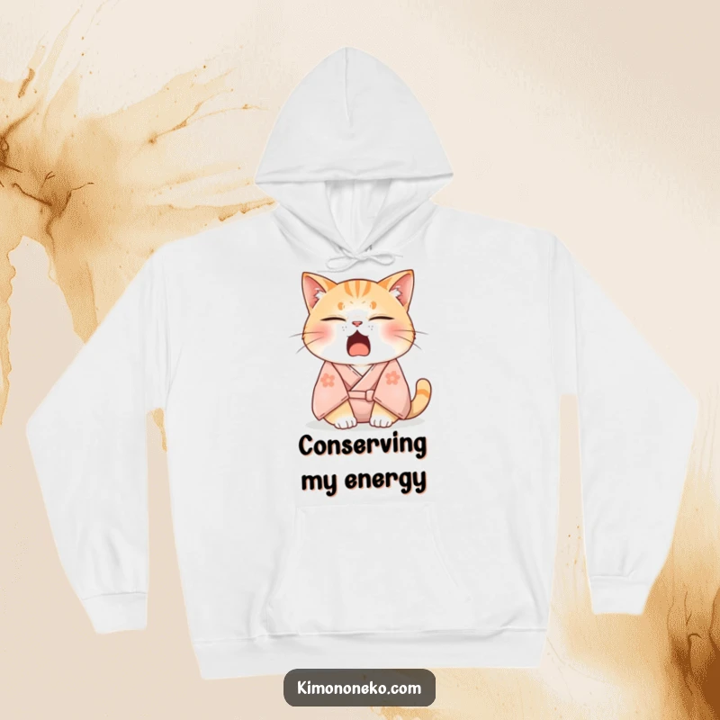 Funny hoodie featuring a sleepy cat in a soft kimono, adorably yawning with eyes half-closed, offering maximum comfort and humorous charm.