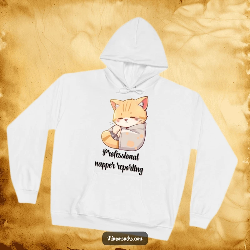 Funny hooded sweatshirt with a sleepy cat in a kimono, basking in a sunbeam, depicting ultimate cozy vibes and humor.