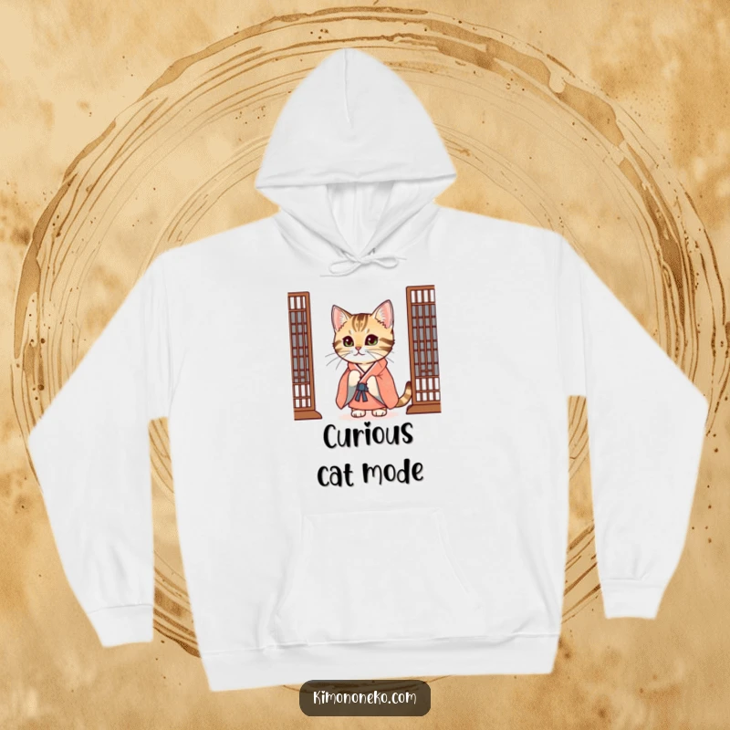 Funny Tabby Cat Hoodie: A curious tabby cat wearing a festive kimono peeks from behind a screen, offering cozy intrigue.