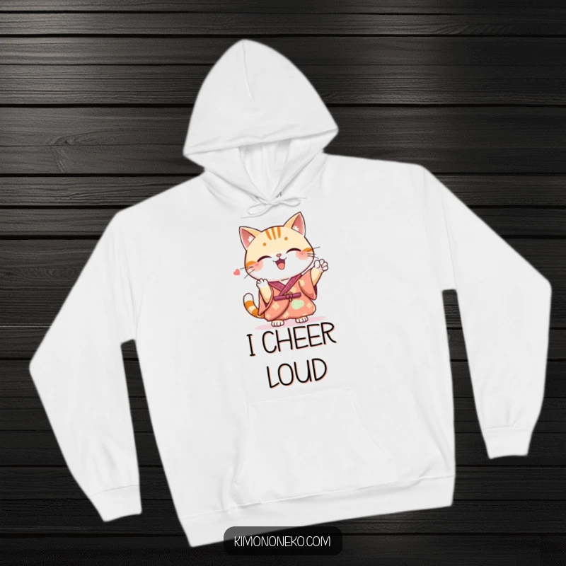 Funny Kawaii cat in a beautiful kimono, cheering enthusiastically, a cozy and funny hoodie for supporters.