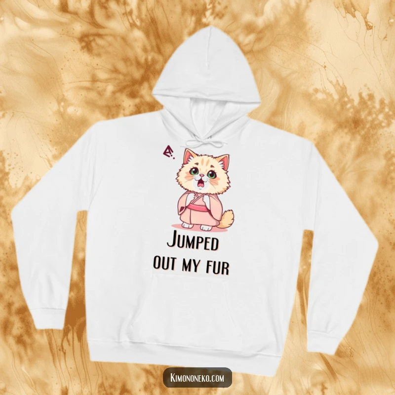 Funny Kawaii Persian Cat Hoodie: A fancy cat in a kimono is shown startled, its expression a mix of alarm and humorous surprise.