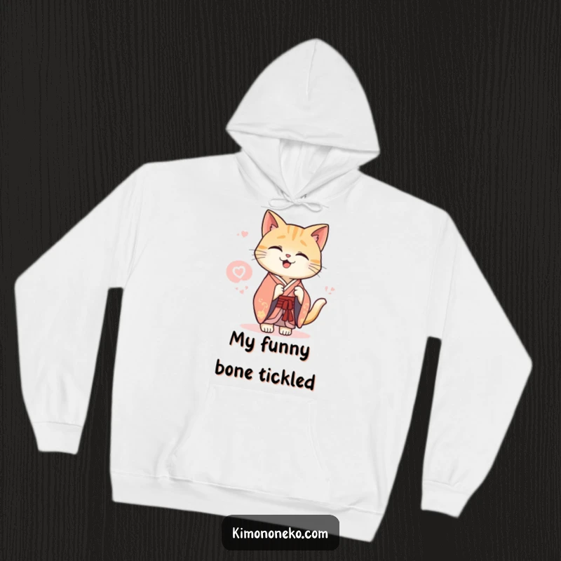 Funny Kawaii cat in an elegant kimono sharing a secret giggle, warm hooded sweatshirt, comfortable design.