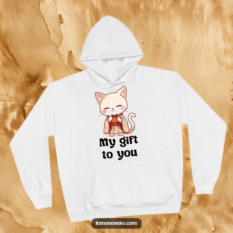 Funny sleek cat in an elegant kimono offering a small gift, printed on a soft and warm hoodie.